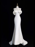 Modest Mermaid Sweetheart With Straps Sleeves White Satin Wedding Dress Long Fairytale Autumn Wedding Dresses HZ0311