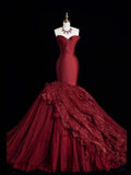 Princess Mermaid Sweetheart Burgundy Tulle Pleated Ruffles Satin Long Formal Evening Dress Gowns Prom Dresses HZ0311