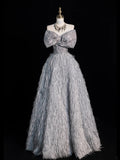 Princess Ball Gown Sweetheart Grey With Bow Feathers Tulle Long Formal Evening Dress Gowns Formal Prom Dresses HZ0311