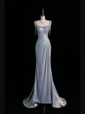New Mermaid Square Neck Sequins Silver Long Prom Dresses For High School Teens Girls Formal Bridesmaid Dress HZ0311