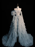 Modest Ball Gown Off The Shoulder Blue Tulle With Tiered Layers College Formal Outfits Long Prom Inspo Graduation Dresses HZ0311