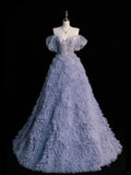 Princess Ball Gown Off The Shoulder Dusty Blue With Appliqued Tulle Long Formal Evening Dress Gowns Formal Prom Dresses HZ0311