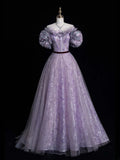 Elegant Ball Gown Off The Shoulder Lilac Sequin Tulle Long Prom Dresses For Teens Evening Outfits Formal Dress HZ0311