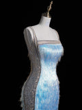 Glittering Mermaid Spaghetti Strap Blue Long Prom Dresses Inspo 18th Birthday Outfits Formal Dress HZ0311