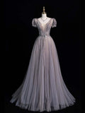 Beautiful Ball Gown V Neck Tulle With Short Sleeves Long Prom Dresses Inspiration Evening Gowns Formal Dress HZ0311