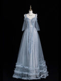 Beautiful Ball Gown Spaghetti Strap Blue Tulle Long Prom Dresses Inspiration Evening Gowns Formal Dress HZ0311