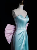 Stunning A line Sweetheart Blue Satin With Bow-knot Prom Dresses Inspiration Evening Dress Princess Graduation Gown HZ0311