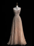 Beautiful Ball Gown Square Neck Champagne Sequins Long Prom Dresses Inspiration Evening Gowns Formal Dress HZ0311
