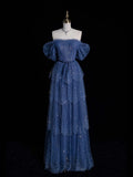 Modest A Line Off The Shoulder Navy Blue Tulle Prom Dresses With Sleeves Inspiration Party Gowns Princess Formal Dress HZ0311