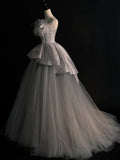 Modest Ball Gown Strapless Sequin Gray Tulle Long Prom Dresses For High School Teens Girls Formal Bridesmaid Dress HZ0311