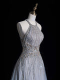Chic A line Halter Silver Gray Sequins Senior Prom dresses High School Long Formal Dresses HZ0311