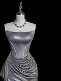 Whimsical Mermaid Strapless Silver Gray Sequin Pleated Bodice Long Prom Dresses Night Formal Dress HZ0311