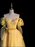 Modest Ball Gown Off The Shoulder Yellow Tulle College Formal Sweet 16 Outfit Long Sleeves Prom Dresses For Teens HZ0311