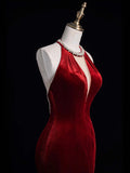 Stunning Mermaid Scoop Neck Burgundy Velvet With Tassels Prom Dresses Inspiration Evening Dress Princess Graduation Gown HZ0311