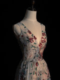 Elegant A line V Neck Floral Tulle Long Prom Dresses For Teens Evening Outfits Formal Dress HZ0311