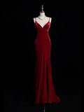 Modest Mermaid Spaghetti Strap Burgundy Velvet Sleeveless Long Prom Dress For Women Girls Evening Dresses HZ0311