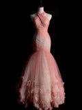 Classy Mermaid Halter Tulle Pink College Formal Outfit Long Prom Dress Graduation Dresses HZ0311
