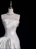 Princesses Elegant Sheath Strapless White Sequined With Satin Train Wedding Gown Short Fairytale Summer Wedding Dresses HZ0311