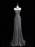Sparkly Mermaid Strapless Silver Grey Sequins Senior Prom Dresses High School Long Formal Dress HZ0311