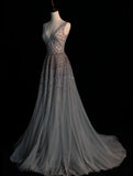 Modest A line V Neck Grey Tulle With Beadings College Formal Outfits Long Prom Inspo Graduation Dresses HZ0311