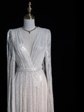 Modest A Line V Neck White Sequin With Long Sleeves Cape Prom Dresses Evening Party Formal Gown 17th Birthday Outfits HZ0311