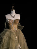 Modest Ball Gown Strapless Green Tulle With Appliques College Formal Outfits Long Prom Inspo Graduation Dresses HZ0311