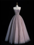 Modest Ball Gown Strapless Beadings Gray Tulle Long Prom Dresses For High School Teens Girls Formal Bridesmaid Dress HZ0311