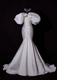 Classic Wedding Dresses Mermaid Off The Shoulder Ivory Satin Short Sleeves Brides Dress Fitted Bridal Gowns HZ0311