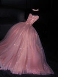 Glittery Ball Gown Strapless Pink Polka Dots Long Formal Evening Dress Formal 18th Birthday Gowns Prom Dresses HZ0311