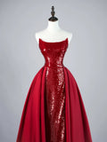 Sparkly Mermaid Strapless Burgundy Sequin Pleated With Train Satin Long Prom Dresses Formal Gowns HZ0311