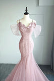 Gorgeous Mermaid Spaghetti Strap Pink Tulle Prom Dresses Sleeveless Long Formal Party Gown HZ0311