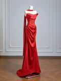 Flattering Mermaid Strapless Red Satin With Scarf Prom Dresses Long Evening Formal Birthday Party Gowns HZ0311