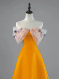 Modest A line Off The Shoulder Orange Appliqued Lace Satin Long Prom Dresses Night Formal Dresses HZ0311