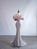 Sparkly Mermaid Off The Shoulder Silver Sequin Short Sleeves Long Prom Dresses Formal Gowns Evening Dress HZ0311