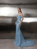 Customized Evening Dress Off-the-shoulder Mermaid Floor length Sequin Tassel Prom Gown HZ0311