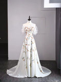 Modest A line Sweetheart Floral White College Formal Outfit With Long Sleeves Prom Graduation Dresses For Teens HZ0311