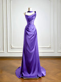 Simple Mermaid Grape Satin Asymmetrical Neck Prom Dresses Long Evening Formal Gown With Scarf Party Gowns HZ0311