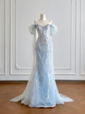 Luxurious Mermaid Off The Shoulder Light Sky Blue With Short Sleeves Prom Dresses Long Evening Formal Birthday Party Gowns HZ0311