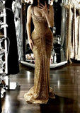 Sexy Mermaid Square Neck Gold Sequin With Beaded Prom Dresses Long Evening Formal Gown Wedding Party Gowns HZ0311