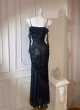 Vintage Mermaid Spaghetti Straps Black Lace Prom Dresses Formal Dress 18th Birthday Outfits Prom Gown HZ0311