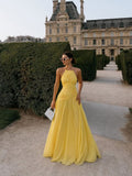 Modest A line Butter yellow floral prom dress sleeveless chiffon prom gowns HZ0311