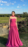 Gorgeous Hot Pink Strapless Sleeveless Chiffon Prom Dresses Ruffles Sheath Prom Gown With Scarf HZ0311