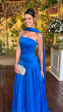 Gorgeous Sheath Strapless Royal Blue Satin Long Prom Dresses With Scarf HZ0311