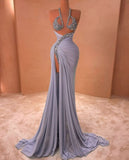 Women Sexy Mermaid Halter Blue Slit Chiffon Bodycon Formal Gowns Evening Maxi Dress Prom Dress Aesthetic For Women Party Outfits HZ0311