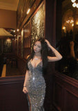 Sparkly Sequin Mermaid Spaghetti Strap Slit Grey Long Prom Dresses Inspiration Evening Gowns Formal Party Prom Dress HZ0311
