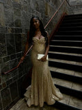 Mermaid Gold Sequin Long Prom Gown Lace Up Back Evening Dress For Plus Size Black People Girls HZ0311