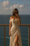 Beige Off Shoulder Mermaid Sequin Long Prom Dresses Elegant Evening Gowns with Slits HZ0311