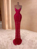 Sexy Mermaid Halter Red Lace With Beaded Bodice Long Prom Dresses Inspiration Evening Gowns Formal Party Prom Dress HZ0311