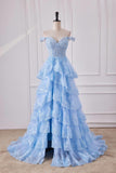 Light Blue Off The Shoulder Tulle Sequin Ruffle Tiered Long Gown with Slit Vestidos De Dia HZ0311