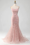 Spaghetti Straps Blush Pink Sparkly Beaded Mermaid Long Prom Dresses Vestidos De Dia HZ0311